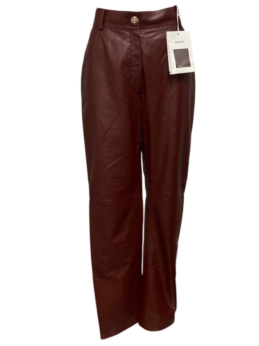 CHANEL BURGUNDY 2022 SILK LINED LAMBSKIN LEATHER PANTS WITH CC LOGO JEWEL BUTTON